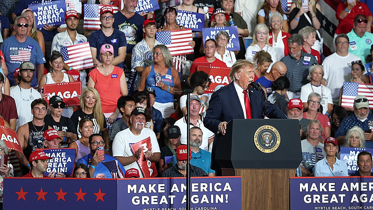 President Donald Trump speaks at a campaign rally with U.S. Sen. Darline Graham (R-SC) on August 21, 2026 in Myrtle Beach, South Carolina. President Trump traveled to South Carolina to join Republican Senate candidate Darline Graham for a campaign rally ahead of Tuesday's runoff election against Ralph Norman. (Photo by Win McNamee/Getty Images)