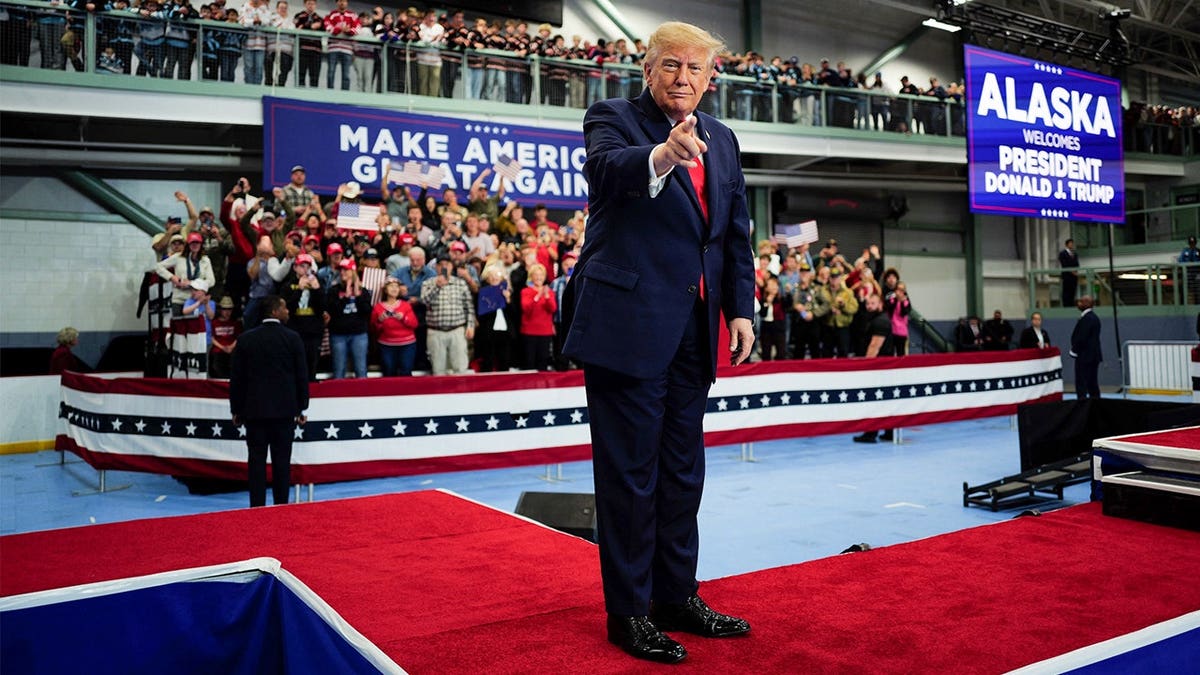 Donald Trump greets supporters at a campaign rally in Wasilla, Alaska.