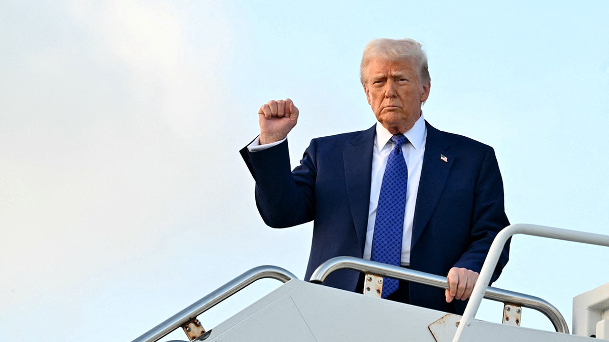 President Donald Trump pumps his fist as he steps off Air Force One at Palm Beach International Airport.