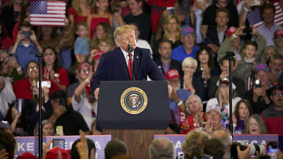 Donald Trump speaks during a campaign event in Durant, Oklahoma.