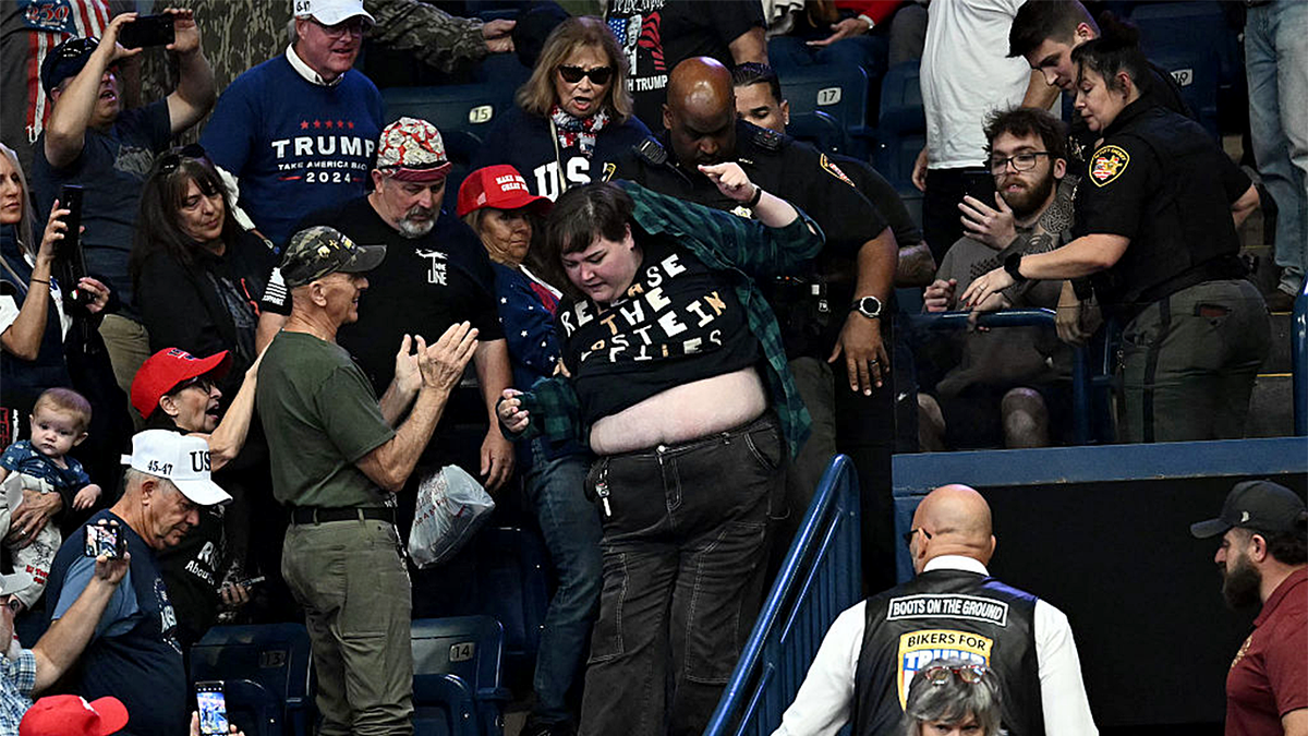 A protester is removed from a Trump rally