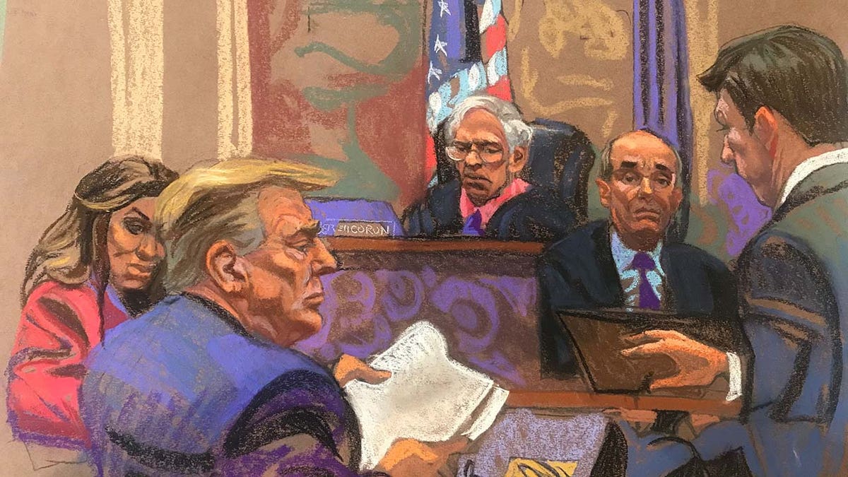 A court sketch of Donald Trump in court