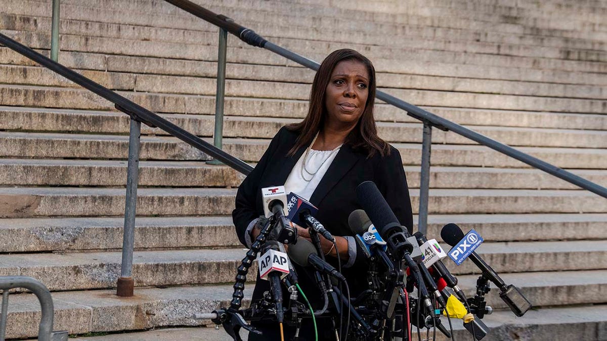 New York Attorney General Letitia James speaks outside New York Supreme Court