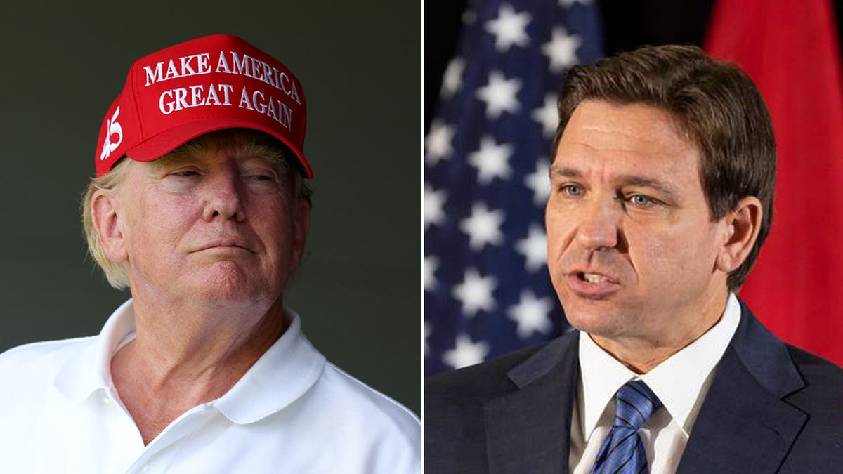 Trump wearing a MAGA hat on the golf course, Ron DeSantis during campaign announcement