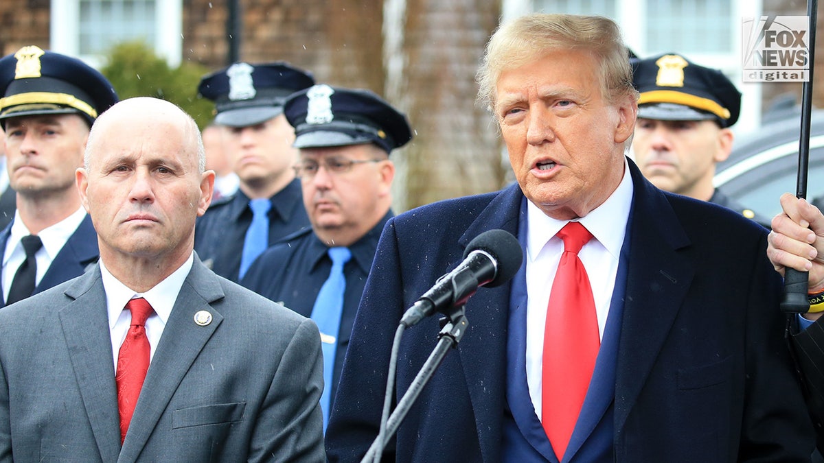 Former President Donald Trump speaks while attending the wake of NYPD officer Jonathan Diller